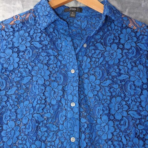 J.Crew Women's 4 Blue Lacy Floral Artsy Abstract Button-Down Long-sleeved Shirt - Picture 2 of 9